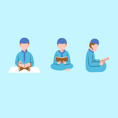 Set Of Muslim Man Character Reading Quran