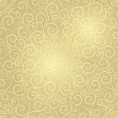 Old golden Christmas paper with curls and mandala. Postcard, frame, background, seamless pattern, vector image