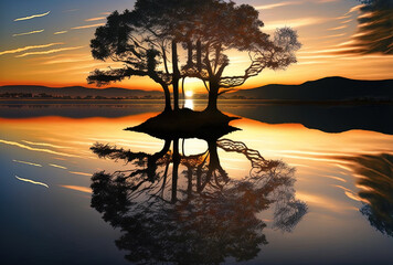 A stunning sunset over the lake, with tree shadows mirrored in the water. Generative AI