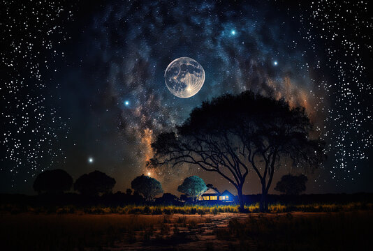 Savannah's nighttime scenery moon in a starry sky. Generative AI