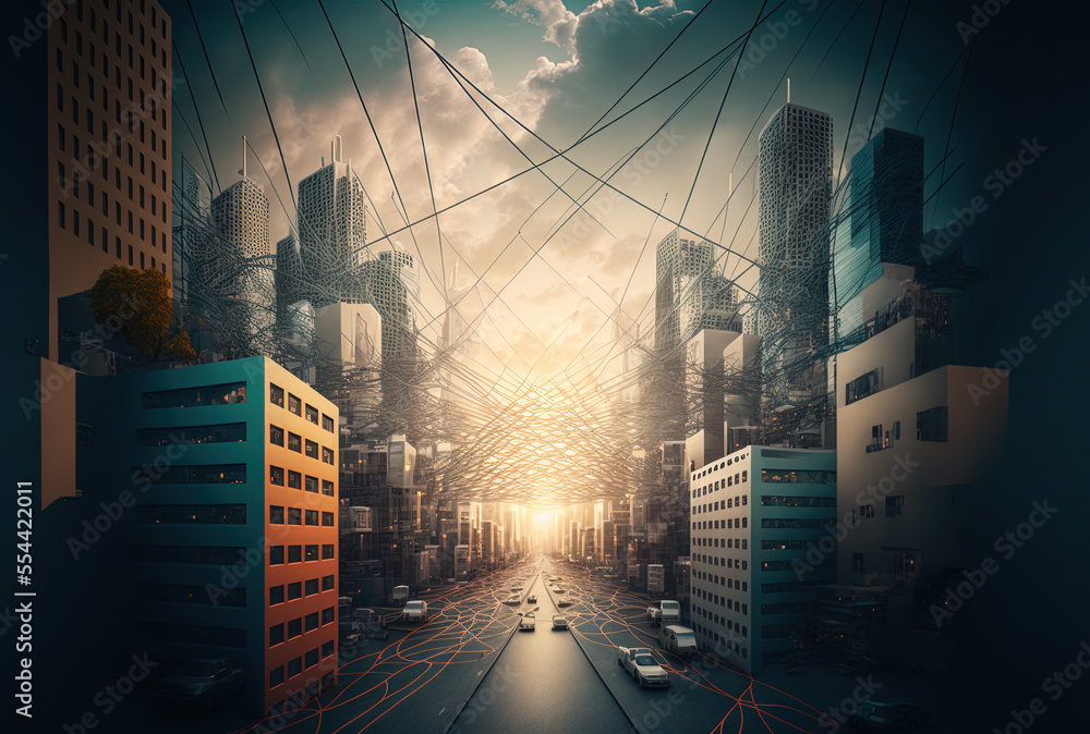 Aufkleber concept of a cityscape with a network link. generative ai