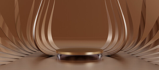 Brown cylinder podium with decorative objects. Luxury Stand to show products. Modern pedestal display with copy space. Banner size. Website cover template. 3D rendering.