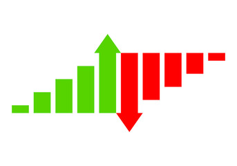 Green arrow graph growing uptrend and red graph downward trend financial business statistics flat vector icon design.