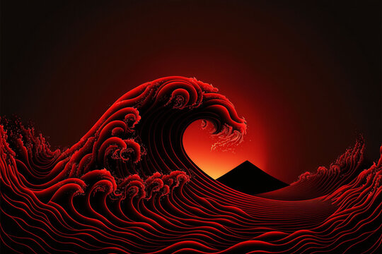Majestic thrashing teal red ocean wave