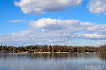 Landscape with large old trees near Herastrau lake in King Michael I Park (Herastrau) in Bucharest, Romania, in a sunny winter day