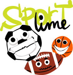 Play time. Print with basketball, football ball, American football ball. Print for t-shirt, stationery, textile, fabric and other designs.