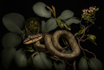 Asian vine front view with a close up of a snake on a dark backdrop, taken at Ahaitulla Prasina. Generative AI