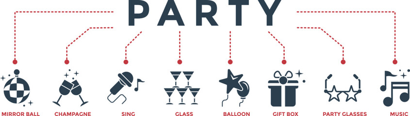 Party banner web icon vector illustration for anniversary,  new year festival and birthday celebration with mirror ball, champagne, karaoke, glasses, balloons, gift box, party glasses  and music icons