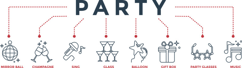 Party banner web icon vector illustration for anniversary,  new year festival and birthday celebration with mirror ball, champagne, karaoke, glasses, balloons, gift box, party glasses  and music icons