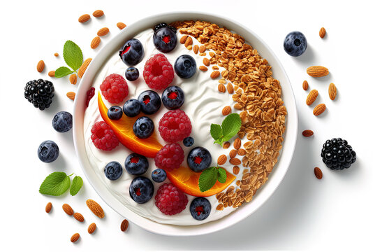 On a white backdrop, a bowl contains delicious granola, yogurt, and fruits. Generative AI