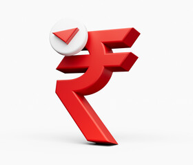 Red Indian Rupee sign with downward red and white arrow. 3D illustration