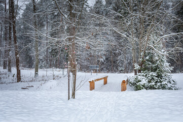 Hiking trail leading to the wooden pedestrian bridge over the stream. Winter snowstorm.
