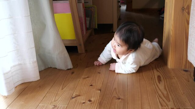 Japanese baby crawling in the house