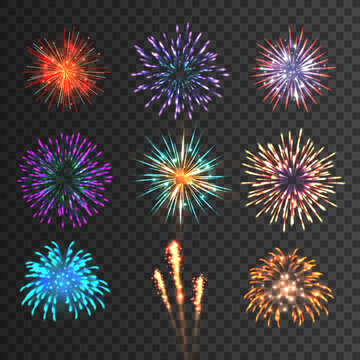 Firework set, fire cracker, sky festive firecracker. Night light effect bright colors, abstract carnival shape, holiday explosion. 3d isolated elements. Vector realistic design background