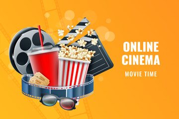 3D cinema entertainment. Online theater poster. Film tickets and clapperboard. Movie eyeglasses. Cinematography reel. Soda drink and popcorn. Premiere watch banner. Vector background