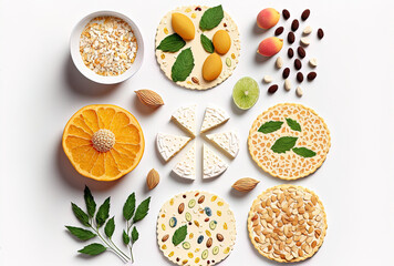Fototapeta na wymiar Top view of rice wafers with cream cheese, various fresh fruits, seeds, and almonds against a white backdrop. The idea of a nutritious breakfast or dessert is rice cakes. Generative AI