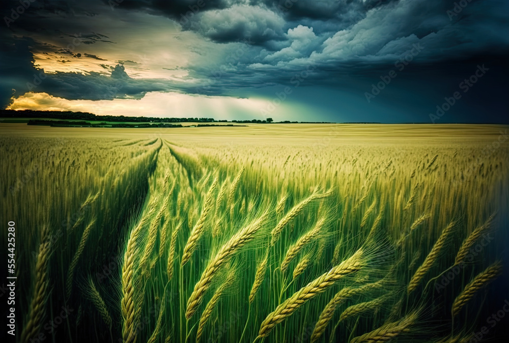 Poster wheat field in its unripe state, with clouds in the summer evening sky. pay attention to the front. 