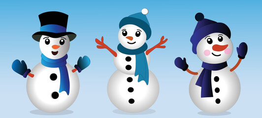 Set of cute christmas snowman isolated on white background. Cheerful snowman in different costumes and scarf and hat. Vector illustration for holiday   christmas and new year