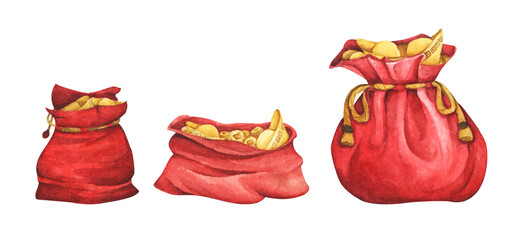  Red fortune bag full of Gold coins and Chinese gold ingot. Isolated on white background. Decoration elements for oriental New Year design. Concept of lucky money. Watercolor illustration.
