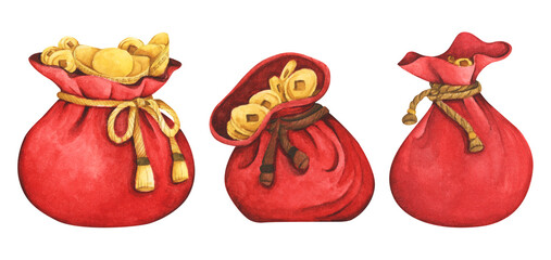 Red fortune bag full of Gold coins and Chinese gold ingot. Isolated on white background. Decoration elements for oriental New Year design. Concept of lucky money. Watercolor illustration.