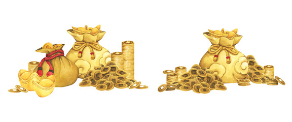 Yellow fortune bag full of Gold coins and Chinese gold ingot. Isolated on white background. Decoration elements for oriental New Year design. Concept of lucky money. Watercolor illustration.