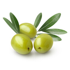 Delicious green olives with leaves, isolated on white background