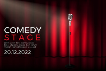 Theater stage. Standup performance banner. Light beam. Realistic curtain and microphone. Music spot. Spotlight on comedy scene. Comedian mic. Entertainment show. Vector design background