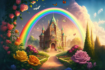 of a fantastic magical universe, kingdom, or children's cartoon. palace of the princess and rainbow. gorgeous scenery Beautiful roses and butterfly gardens or parks. Generative AI