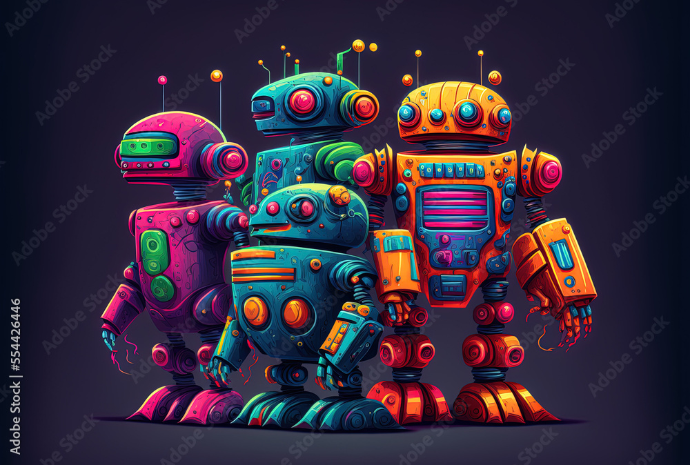 Poster five flat, colorful robots in a set. generative ai