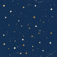 Fototapeta premium Sky star pattern, space background, magic galaxy. Gold and blue night, sparkle constellation, golden zodiac foil. Decor textile, wrapping paper, wallpaper design. Vector seamless texture