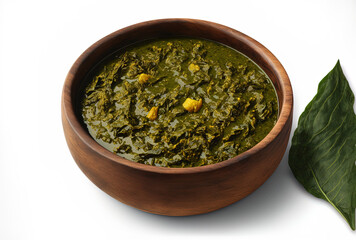 handmade curry from India Sarson ka saag ki sabji cooked with bathuva, spinach, and mustard leaves and served in a clear dish. Generative AI - obrazy, fototapety, plakaty
