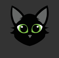 black cat face with big eyes in night on white background. Cat face with green eyes. Front view. Vector Illustration.