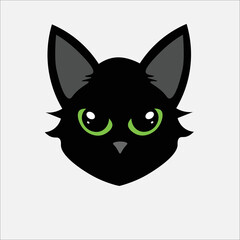 black cat face with big eyes in night on white background. Cat face with green eyes. Front view. Vector Illustration.