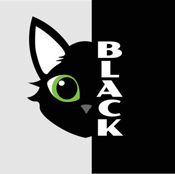 Black cute kitty look with text. Cat spy animal cartoon vector illustration for creative images and tattoo, funy playing cats characters peeks faces with smiling eyes for Halloween cards
