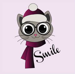 Cute cat face with a scarf spectacles and hat Fairytale theme. For fashion fabric design, t-shirt prints, cups, stickers, postcards. Vector