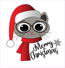 Cute cat  vector illustration  greeting card Merry Christmas with cat singing in winter. Doodle style.