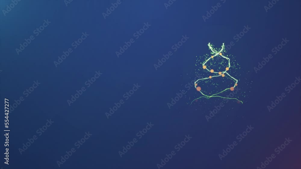 Poster christmas tree animation with green light particles and blue background with empty space 4k animatio