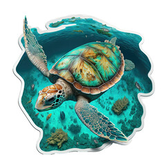 AI Generative illustrations of a turtle in a turquoise sea, suitable for use as a decorative element, a logo, environmental brochure or educational illustration.