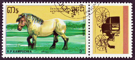 Cancelled postage stamp printed by Cambodia, that shows Brabant Horse (Equus ferus caballus), circa...