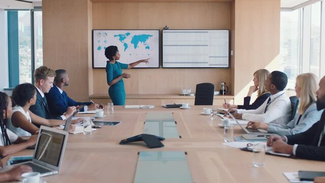 Black woman, business leader and presentation in office boardroom for meeting collaboration, training and digital marketing report planning. Leadership, ceo african woman and corporate conference