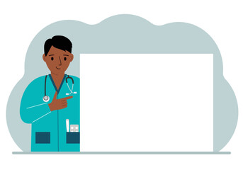 A male doctor in a lab coat is holding a large piece of paper. The doctor points to a blank piece of paper to write on your personal message or advice.