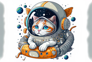 Cartoon symbol of a cute cat astronaut sitting down with a fish in his helmet. Generative AI