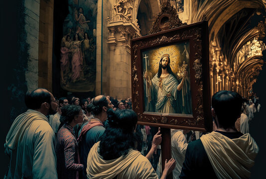 Jesus Christ was lying. Holy Week in Spain Scenes of faith at churches and christendom's places of worship, including portrayals of Christ and pictures of virgins. Generative AI