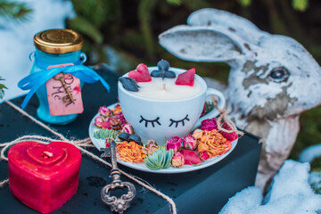 Mad Tea Party. Adventures in Wonderland , white rabbit drink me blue glass. Design for Wonderland party invitation, wallpaper. Tales theme