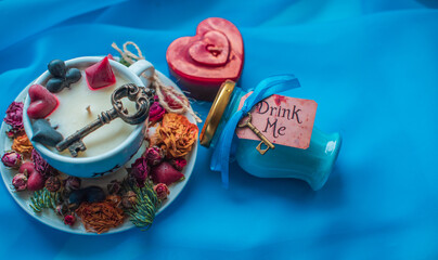 Mad Tea Party. Adventures in Wonderland , white rabbit drink me blue glass. Design for Wonderland party invitation, wallpaper. Tales theme