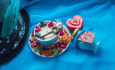 Mad Tea Party. Adventures in Wonderland , white rabbit drink me blue glass. Design for Wonderland party invitation, wallpaper. Tales theme