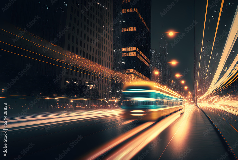Aufkleber a nighttime metropolitan scene with high speed movement in the backdrop. generative ai