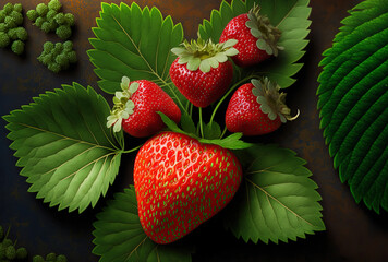 scrumptious red strawberries in top view, with a green leaf in the background. Generative AI