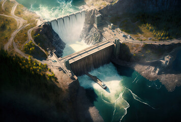 Aerial view, a hydroelectric dam on a river, and water being released from a reservoir. Generative AI