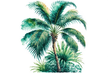Fototapeta na wymiar A watercolor hand drawing of a palm tree in beautiful brilliant charming green tropical amazing great hawaiian floral and herbal summer design. Perfect for wrapping paper, textiles, wallpapers, and gr